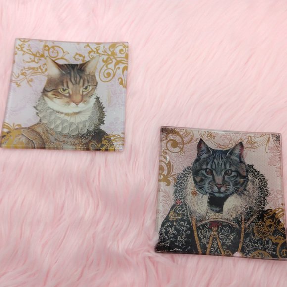 Other - 2 LOT Cat Royal Medieval Kitty Coasters Plate Glass Square Renaissance